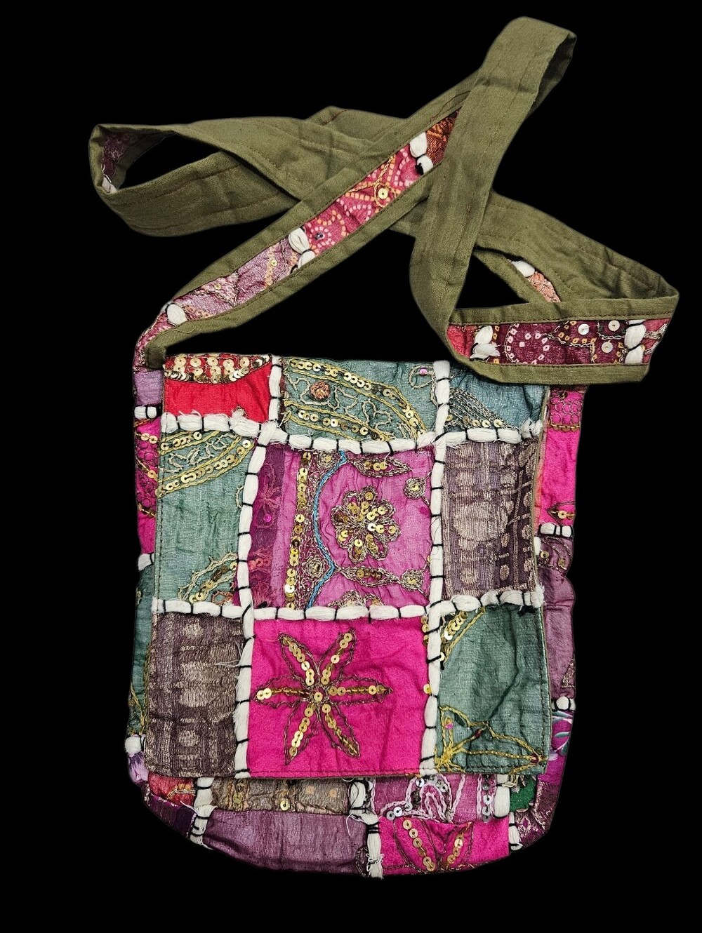 VTG Pier 1 Pink Green India Patchwork Crossbody Flap Bag Sequins Cotton Hippie